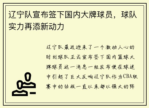 辽宁队宣布签下国内大牌球员，球队实力再添新动力